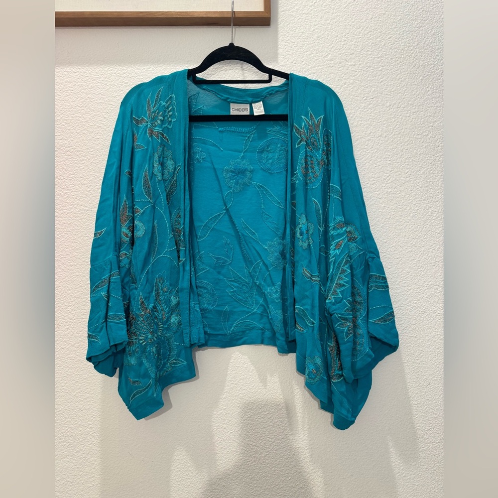 Chico's embroidered kimono cardigan in teal